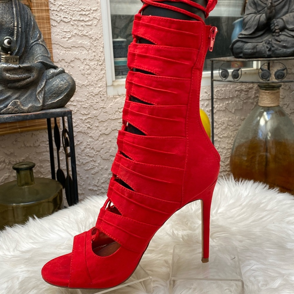 ♦️♦️RED CALF HEIGHT LACE-UP FAUX SUEDE BOOTS♦️♦️